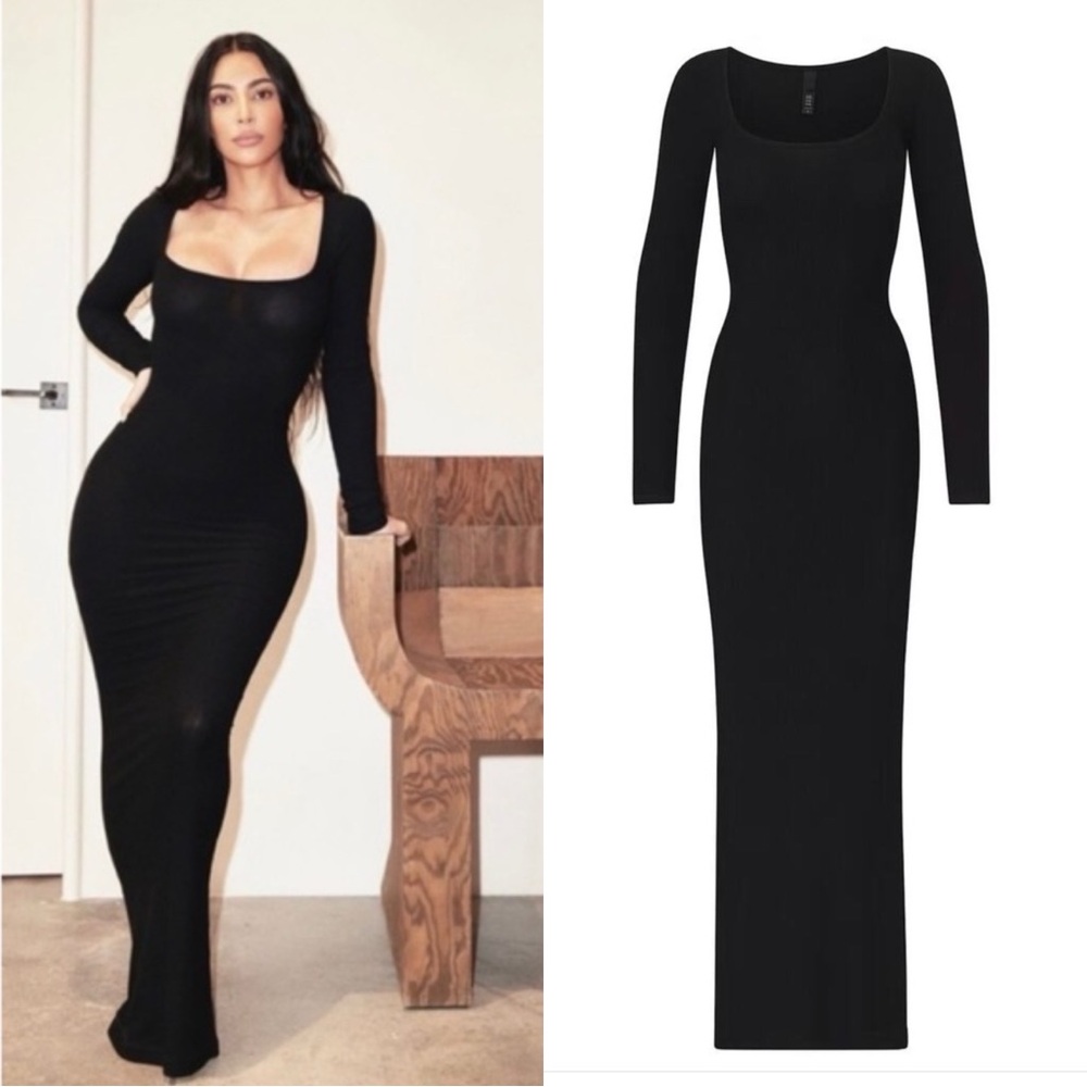 SKIMS Soft Lounge Ribbed Black Long Sleeve Knit Maxi Dress